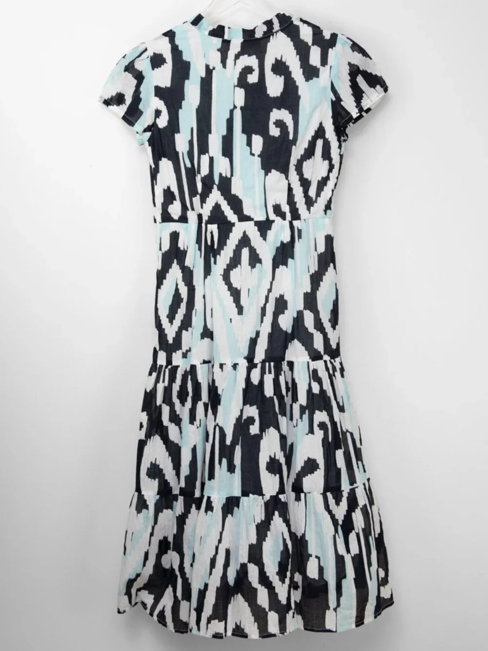 Jude Connally Dress Abstract Print Flutter Sleeve Midi Blue White Size XS